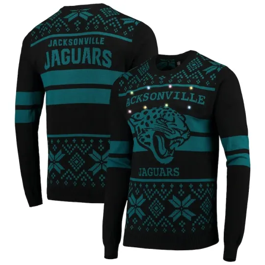 Discover football Licensed Men's Jacksonville Jaguars Black/Teal Light Up Ugly Sweater