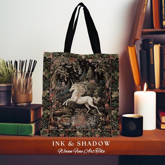 Discover Whimsical Folklore Unicorn Tote Mystical Botanical Cottagecore Accessory, Morris Style Fairycore Art Princesscore Style Woven Tapestry Bag