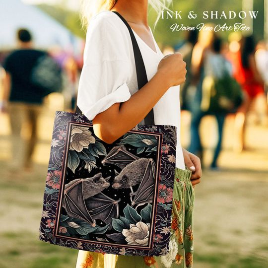 Discover Gothic Bat Tote Bag Boho Dark Floral Gothic Gift for Bat Lover Dark Cottagecore Dark Floral Satchel Dark Bats Witchy Bag Woven Tapestry Tote