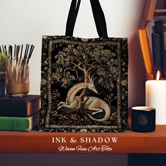 Folklore Dragon Tote Mystical Medieval Style Cottagecore Accessory, Botanical Fairytale Forest Gothic Woodland Fairycore Woven Tapestry Bag