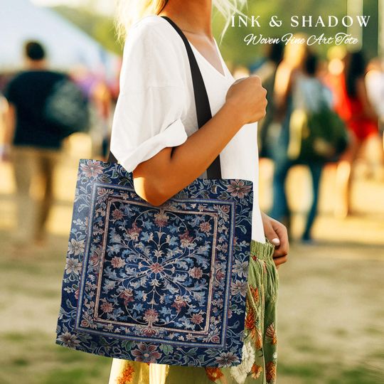 Baroque Medieval Florals Tote Bag | Renaissance Themed Woven Tapestry Bag  Victorian Gothic Elegant Botanical Pattern Dark Academia Romantic