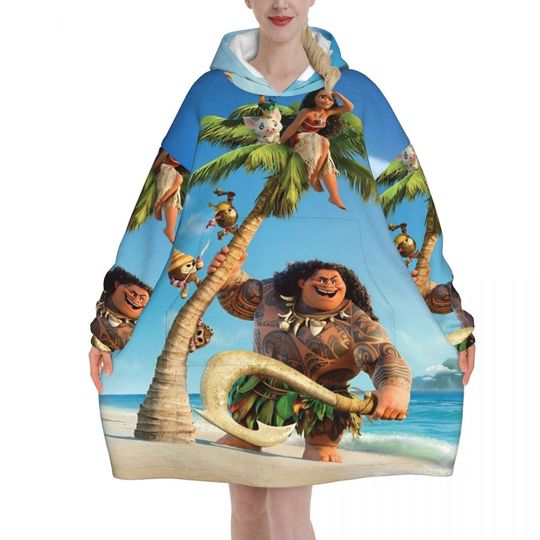 Discover Moana 2 Movie Funny Maui Wearable Blanket Hoodie as Gifts Cozy Large Blanket Sweatshirt Thick Fleece Hooded Blanket with Pocket