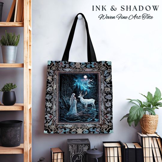 Discover Midnight Magic Moonlit Fantasy Tote | Forest Goddess Spirit Animal Fairycore Ethereal Deer Woven Everyday Bag Folklore Inspired Nature |