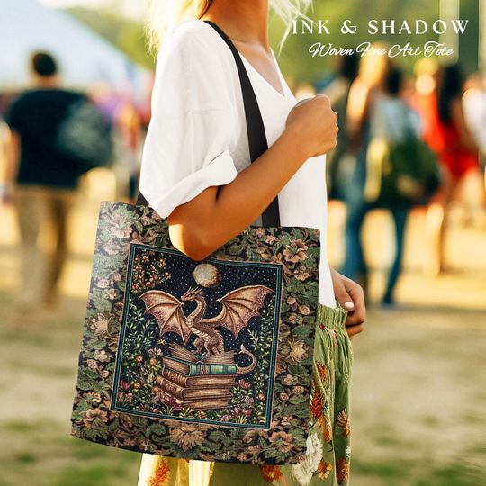 Discover Medieval Library Mystic Dragon Tapestry Tote | Ethereal Victorian Floral Bag for Book Lovers Woodland Fairytale Dark Academia Folklore Style