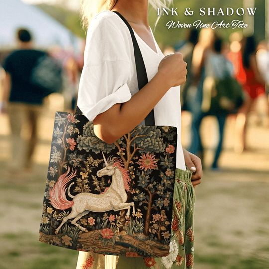 Discover Unicorn Aesthetic Tote Bag | Gift for Unicorn Lover Dark Cottagecore Dark Floral Satchel Fairy Core Bookbag Pastel Fairycore Tapestry Tote