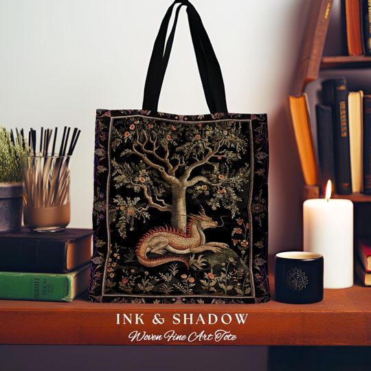 Discover Antique Mystic Red Dragon Forestcore Medieval Fairytale Inspired Tote, Magic Dark Cottagecore Fairy Grunge Goblinecore Tapestry Woven Bag