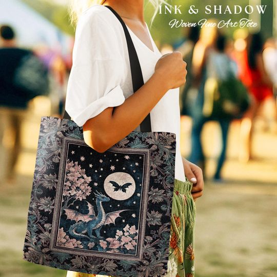 Enchanted Fall Forest Celestial Dragon Bag Whimsical Starry Night Tote | Magical Woodland Goblincore Mystical Moon Fairytale Ethereal Art