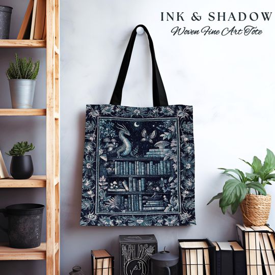 Midnight Blue Enchanted Library Dragon Tote Celestial Dark Academia Fairycore | Whimsical Gothic Cottagecore Fantasy Art Tapestry Bag Woven