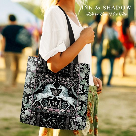 Discover Gothic Cottage Unicorn Tote Bag Dark Cottagecore Vintage Enchanted Aesthetic | Country Chic Floral Farmhouse Enchantment Teal Tapestry Bag |