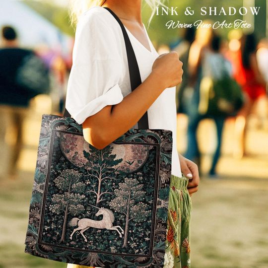 Moonlit Forest Mystical Unicorn Tapestry Bag Medieval Fairycore Decor | Renaissance Whimsical Gothic Aesthetic Woven Shoulder Bag Forestcore