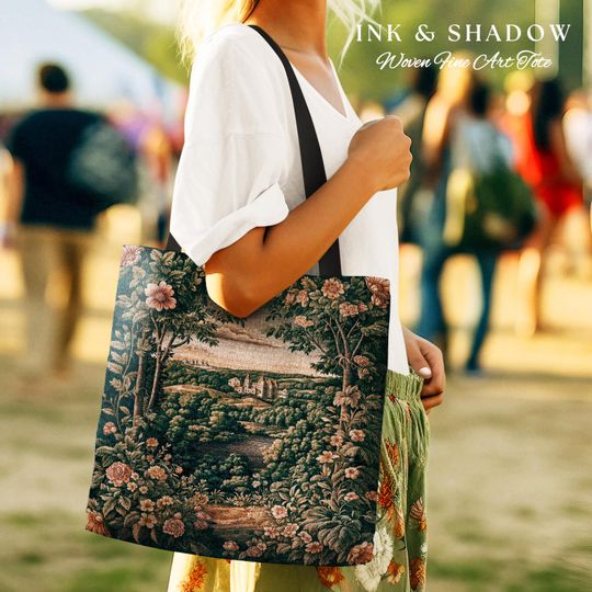 Discover Princess Medieval Woven Tote Bag | Rustic Floral Landscape Whimsigoth Castle Ethereal Rustic Aesthetic Bag Woodland Goth Romantic Fairycore
