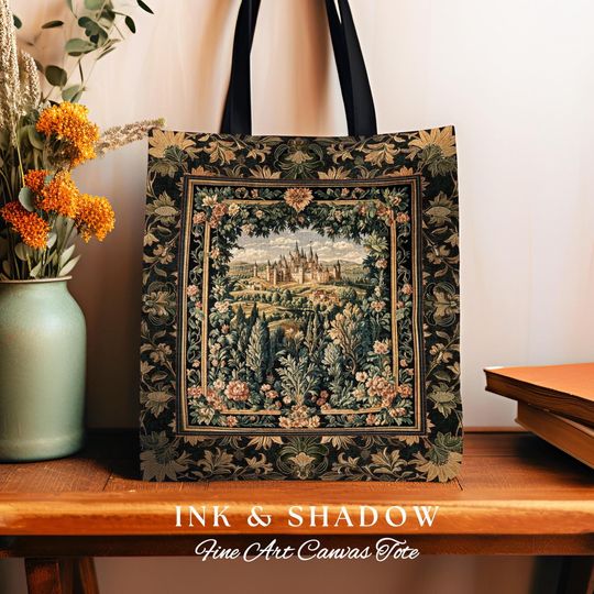 Discover Dark Academia Victorian Royal Tapestry Tote | Fantasy Woven Everyday Bag Decor Woodland Princess Medieval Rustic Floral Landscape Maximalist