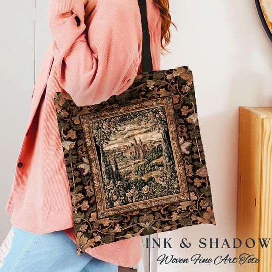 Discover Romantic Victorian Botanical Woven Tote | Medieval Woodland Fairytale Castle Whimsigothic Folklore Everyday Bag Princesscore Victorian Art |