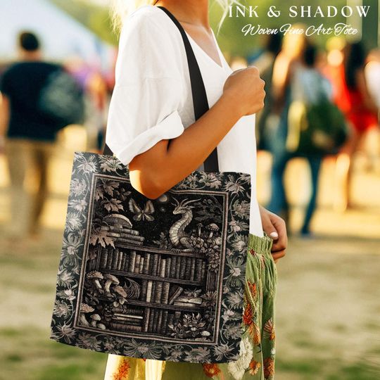 Discover Enchanted Library Dragon Tapestry Tote Mystical Dark Academia Bookshelf Fantasy | Vintage Gothic Cottagecore Bookish Reading Book Bag Goth |