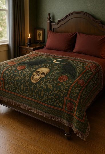 Gothic Skull & Raven Woven Blanket: Dark Academia Decor