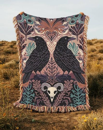 Raven Witchy Woven Blanket Halloween Decor Tapestry Spooky Season Throw Dark Cottagecore Whimsigoth Blanket Tarot Accent Dark Academia