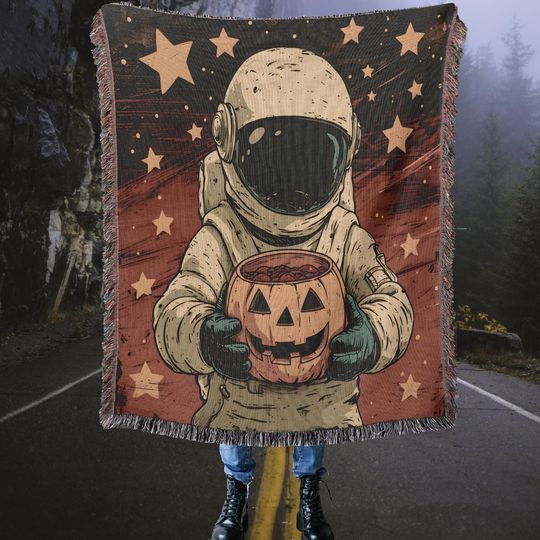 Discover Vintage Halloween Woven Throw Blanket: Astronaut Pumpkin Tapestry
