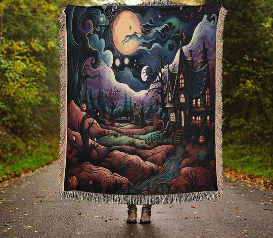 Discover Halloween Haunted House Woven Throw Blanket: Spooky Cottagecore Decor