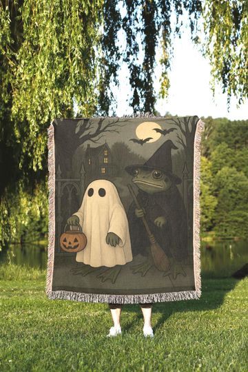 Trick or Treating Ghost and Witch Frog Blanket  Spooky Haunted House Woven Tapestry Throw with Full Moon, Bats and Halloween Pumpkins