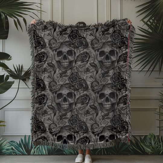 Discover Gothic Skull & Roses Woven Blanket: Halloween Throw, Spooky Home Decor