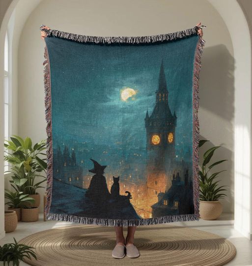 Woven Blanket Witch And Cat Silhouette   Woven Blanket, Magical Night Cityscape Woven Blanket, Halloween Moonlight Scene Blanket