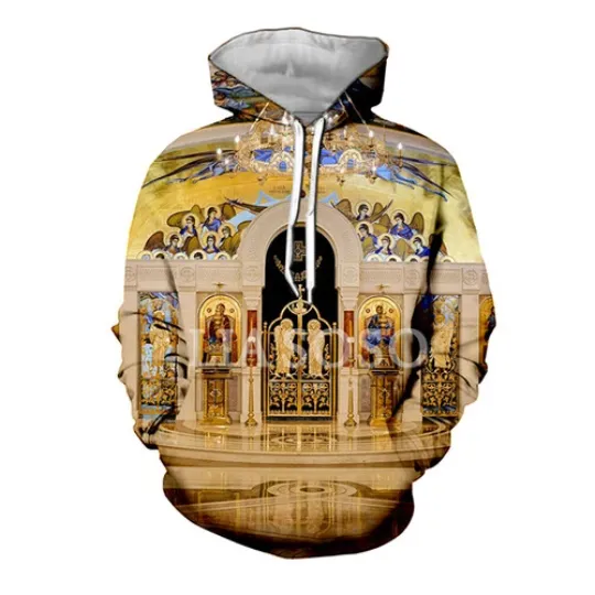 3D Printed Christian Hoodie - Religion Church Mural Pullover Sweatshirt for Women and Men
