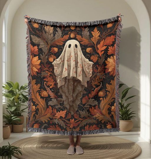 Discover Halloween Ghost  Woven Blanket, Spooky Decor Woven Blanket, Autumn Leaves Woven Blanket, Fall Holiday Woven Blanket, Boo Saying
