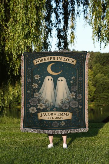 Discover Personalized Ghost Couple Blanket | Til Death Do Us Part Gothic Wedding Tapestry Throw, Spooky Halloween Anniversary Gift