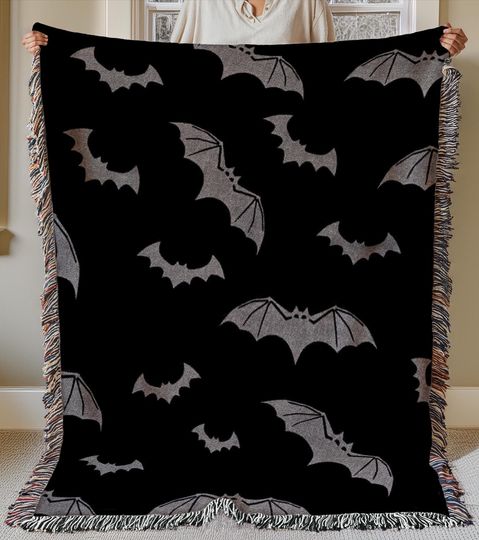 bats woven blanket, whimsigoth blanket, halloween tapestry blanket bat tapestry, bat wall hanging gothic creepy spooky season throw blanket