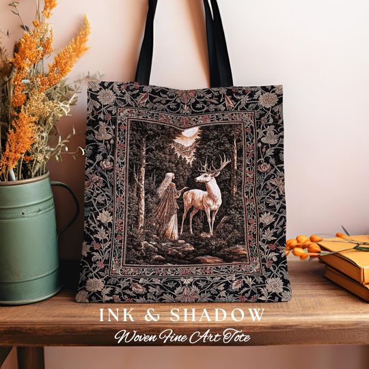 Gothic Woodland Fantasy Tote Bag | Folklore inspired Nature Landscape Tapestry Bag Fantasy Aesthetic Woven Victorian Dark Academia Book Bag