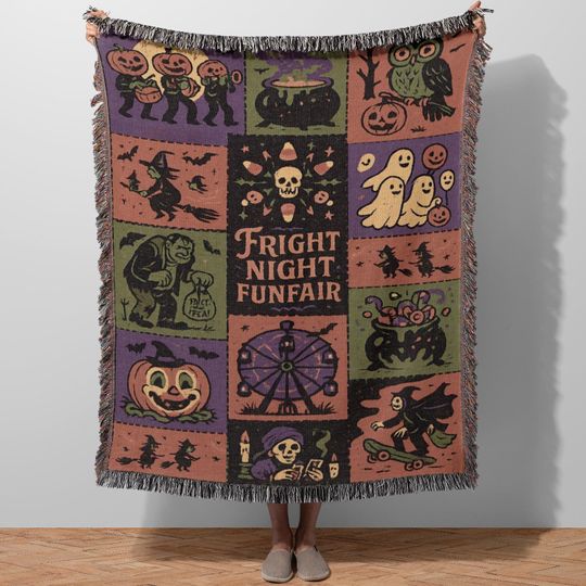 Woven Retro Halloween Blanket Throw  Fright Night Funfair Patchwork Quilt Design, Cozy Orange Black Gothic Home Dcor & Spooky Season Gift