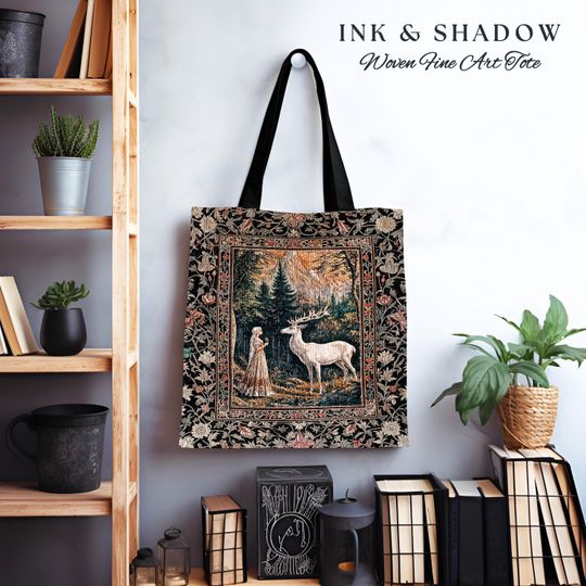 Discover Mythic Landscape Gothic Forest Tote | Woodland Goddess Mystic Deer Tapestry Bag Forest Nymph Fairycore Woven Magical Botanical Deer Scene |
