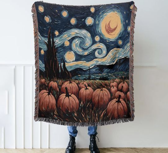 Discover Vintage Halloween Woven Throw Blanket: Pumpkin Starry Night Tapestry