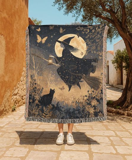 Witch Hobby   Woven Blanket, Halloween Decor Tapestry, Pagan Friend Gift Woven Blanket, Cat Owner Throw, Wiccan Religion Mystical