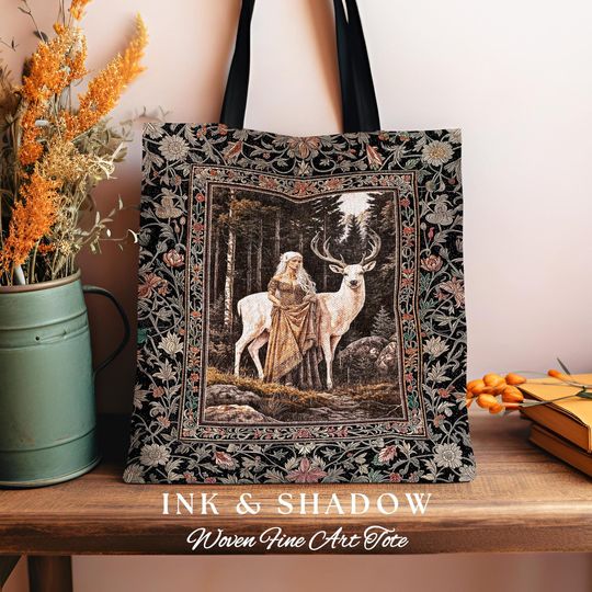 Discover Enchanting Forest Spirit Tapestry Bag | Magical Meadow Fairycore Tote Ethereal Woodland Princess Renaissance Aesthetic Gothic Deer Woods |
