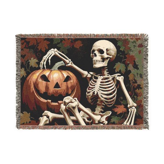Discover Spooky Skeleton Woven Blanket | Cozy Fall Decor, Halloween Gift, Pumpkin Blanket, Autumn Home Accent, Halloween Throw, Halloween Home Decor,