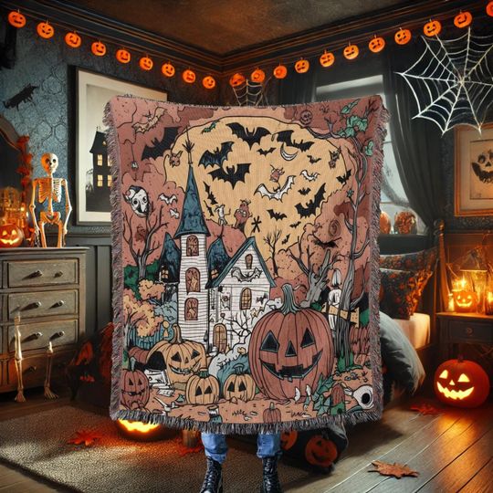 Retro Jack-o'-lantern Pumpkin Black Cat Boo Halloween Woven Blanket, Vintage Spooky Season Halloween Woven Throw Blanket, Pumpkin Blanket