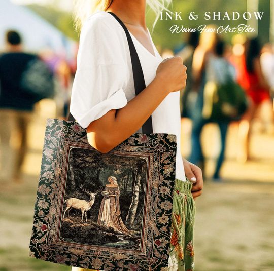 Discover Nature Spirits Ethereal Woven Tote | Royal Medieval Folklore inspired Woodland Landscape Fantasy Tapestry Tote Everyday Bag Dark Forest Deer