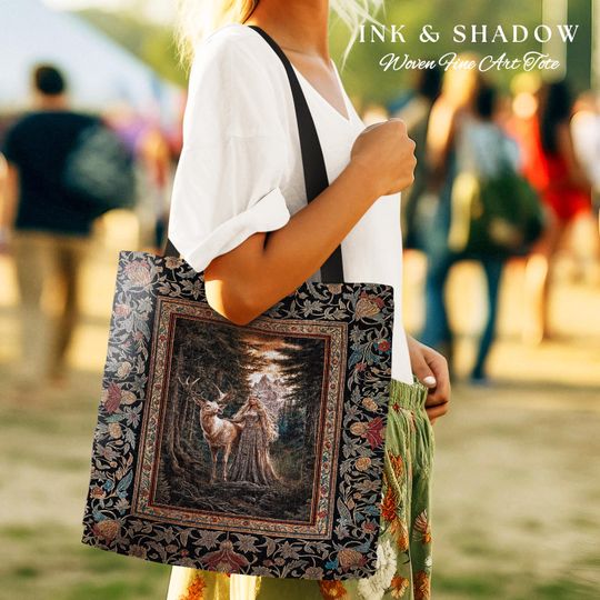 Enchanted Woods Fairytale Woven Tote | Dark Cottagecore Whimsical Royal Gothic Folklore Inspired Woodland Deer Magic Landscape Tapestry Bag