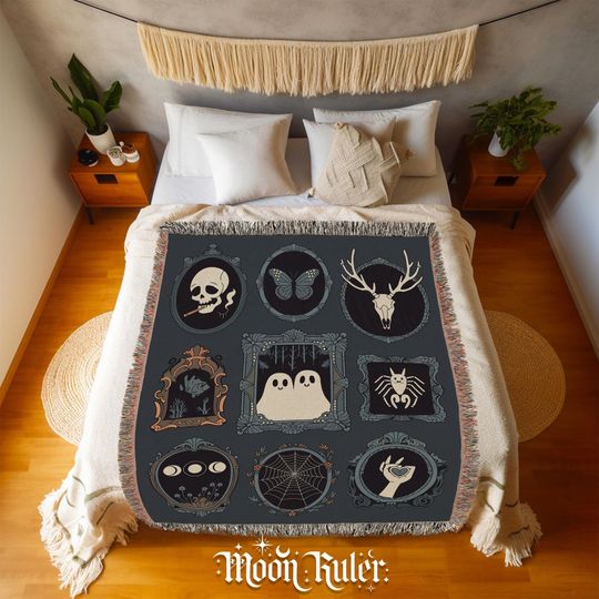 Whimsical Gothic Tapestry Woven Blanket Skeleton Ghosts Occult Frame Illustrations Gift Oddities Motifs Nature Art Throw for Dark Home Decor