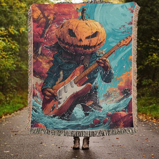 Discover Halloween Woven Throw Blanket: Spooky Pumpkin Guitarist Tapestry