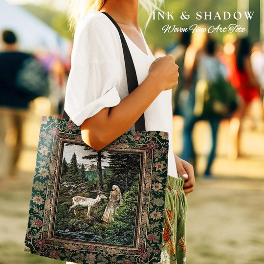 Discover Fairytale Forest Fantasy Woven Tote | Woodland Whimsy Nymph Tapestry Bag Emerald Green Dark Fairycore Romantic Victorian Gothic Botanical |
