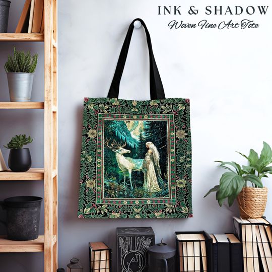 Magic Forest Princess Woven Tote Bag | Fairytale Fantasy Renaissance Dark Academia Forest Spirit Ethereal Woodland Folklore Tapestry Bag |