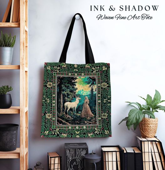Discover Faerie Realm Mystic Forest Tapestry Bag | Enchanted Gothic Landscape Dark Academia Nature Spirits Woven Tote Renaissance Magical Deer Art |