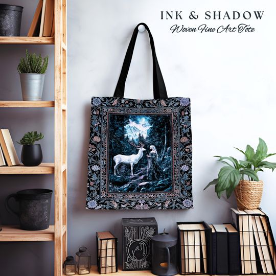 Discover Goddess of the Woods Woven Tote Bag | Ethereal Forest Folklore Inspired Nature Botanical Cottagecore Everyday Bag Medieval Magic Romantic |