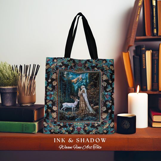 Discover Magical Forest Fantasy Tapestry Tote | Ancient Druid Bag Woodland Spirit Animal Fairytale Decor Ethereal Woven Everyday Bag Folklore Artwork