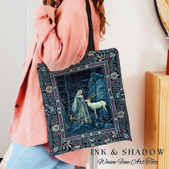 Discover Spirit Animals Ethereal Goddess Tote | Storybook Aesthetic Magical Forest Nymph Fantasy Tapestry Bag Dark Victorian Woodland Deer Moody Art