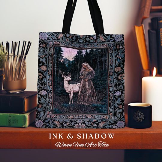 Gothic Forest Spirit Tapestry Tote | Dark Academia Storybook Aesthetic Witchy Baroque Bedroom Decor Forest Nymph Whimsigothic Fantasy Bag |