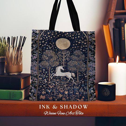 Medieval Fairytale Unicorn Tote | Gothic Whimsical Eclectic Fairycore Woven Tote Bag Victorian Gothic Dark Floral Decor French Baroque Art |