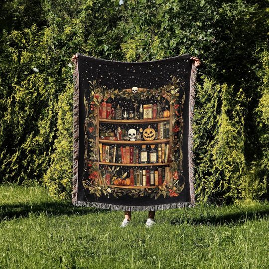 Discover Witches Bookshelf Woven Blanket, Halloween Book Lover Gift Throw, Spooky Bookish Home Decor Tapestry